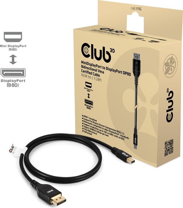 Actual product image Club 3D Club3D Cable Mini DP <> DisplayPort DP80 1m St/St retail (1 m, DisplayPort)