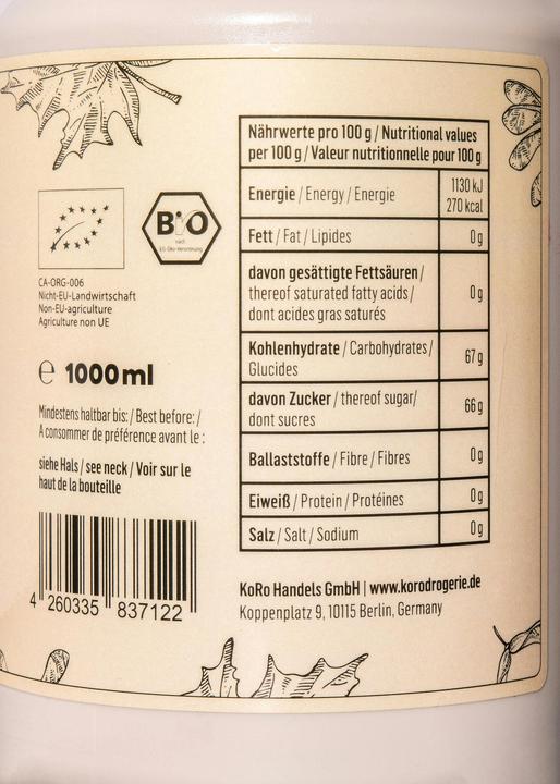 Valeurs nutritives et ingrédients KoRo Bio Ahornsirup