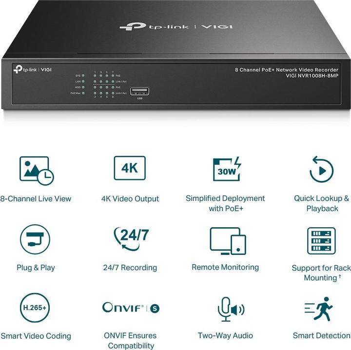 Produktbild TP-Link VIGI NVR1008H-8MP - NVR, 8 Kanäle, 8x PoE (Netzwerk Videorecorder (NVR))