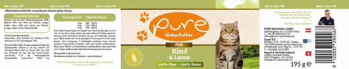 Nährwerte und Zutaten Pure Naturfutter Katzenmenü PUR Rind & Lamm (Adult, 1 Stk., 195 g)