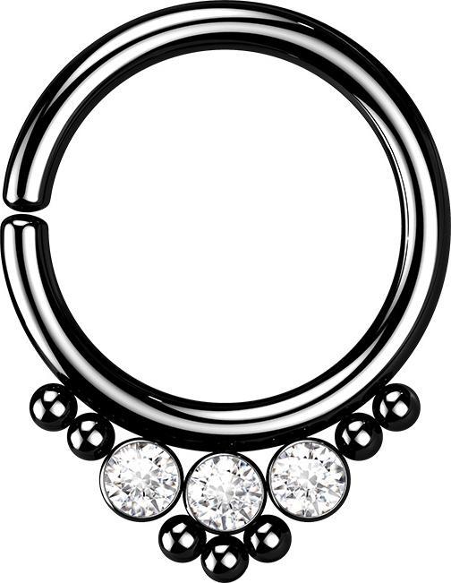 Star Piercing Micro Piercing Ring schwarz Kugeln und drei Kristalle (Chirurgenstahl 316L, ohne Messing)