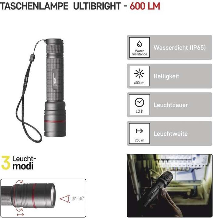 Image du produit Emos CREE LED Lampe de poche métallique rechargeable Ultibright 80, 600lm (15.10 cm, 600 lm)
