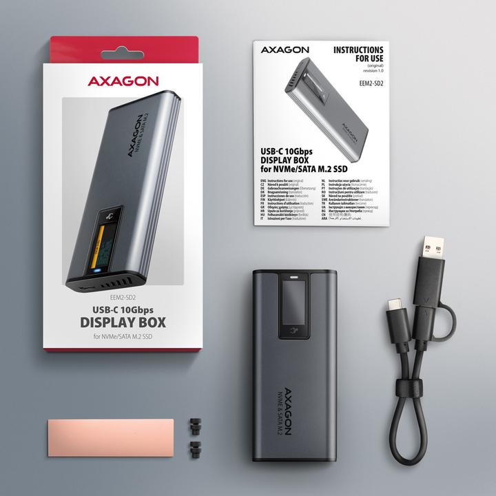 Produktbild Axagon Boitier externe USB-C 3.2 EEM2-SD2 - S-ATA/NVMe M.2 Type 2280 (Noir) (M.2 2280)