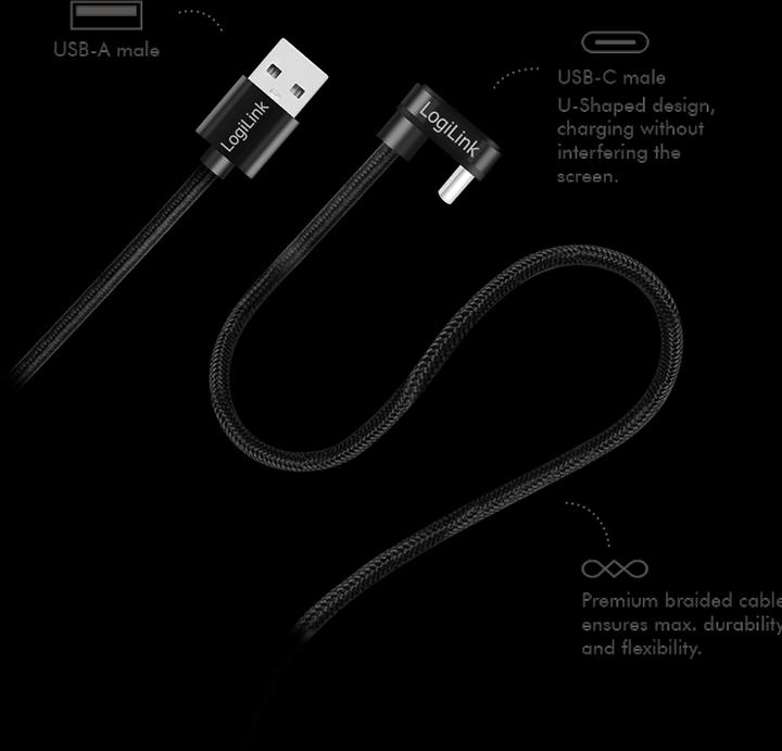 Produktbild LogiLink USB 2.0 Type-C-Kabel, C/M 180° zu USB-A/M, Alu, schwarz, 2 m (2 m, USB 2.0, 20 W)