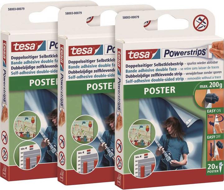 Image du produit tesa 3x Powerstrips POSTER, 200g Halteleistung, 60x doppelseitige Klebestreifen