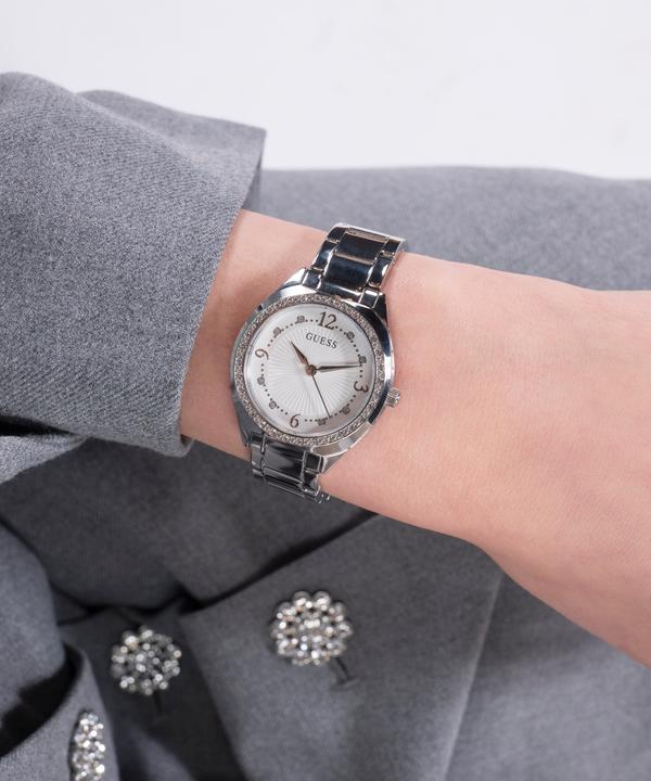 Actual product image Guess P SLV CS W/ CRYS / SUN WHT DL / P SLV BRCT Wristwatch (Watch with gemstone, 30 mm)