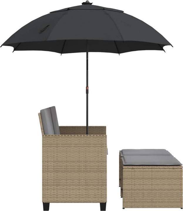 Produktbild VidaXL Gartensofa 2-Sitzer Sonnenschirm und Hocker Poly-Rattan