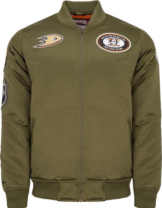 Actual product image Mitchell & Ness M&N Satin Bomber Jacket - PATCHES Anaheim Ducks olive - L (L)