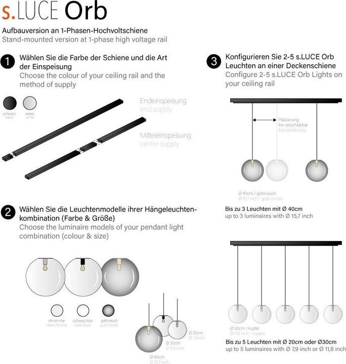 Produktbild s.luce Orb Glas-Hängeleuchte 2 bis 5-flammig inkl. 1-Phasen-Schienensystem (E27)