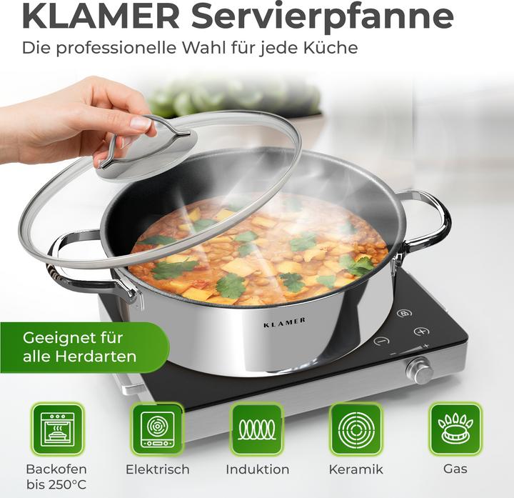 Produktbild KLAMER 28cm Induktion Servierpfanne, Antihaft, Backofenfest, inkl. Deckel (28 cm, Bräter + Schmortopf, Edelstahl)