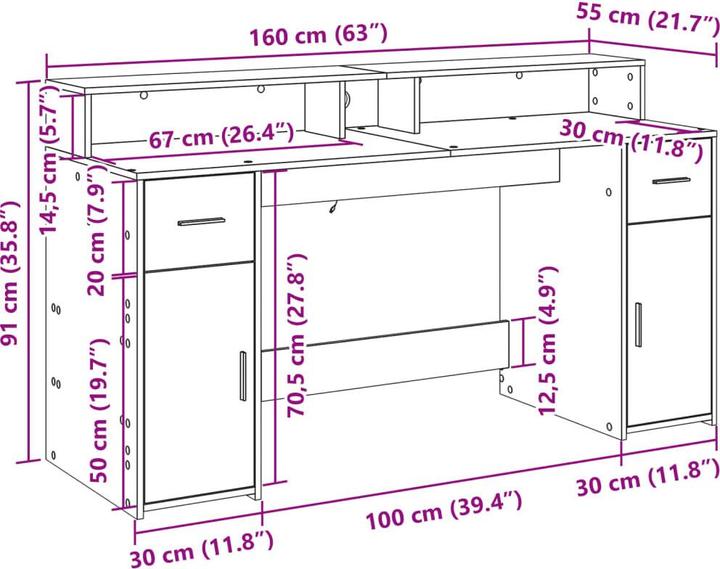 Immagine prodotto VidaXL Scrivania LED Scrivania per computer Scrivania da lavoro Scrivania per laptop Scrivania per ufficio (160 x 55 x 91 cm)