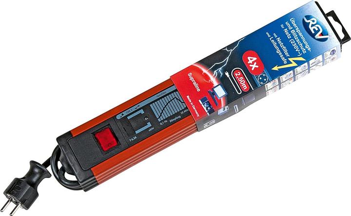 Produktbild REV Steckdosenleiste mit ÜSS + Netzfilter, rot/grau, 4-fach, 4xSchuko, mit Schalter, 2,5m Zuleitung (4 x, CEE 7/3, 2.50 m)