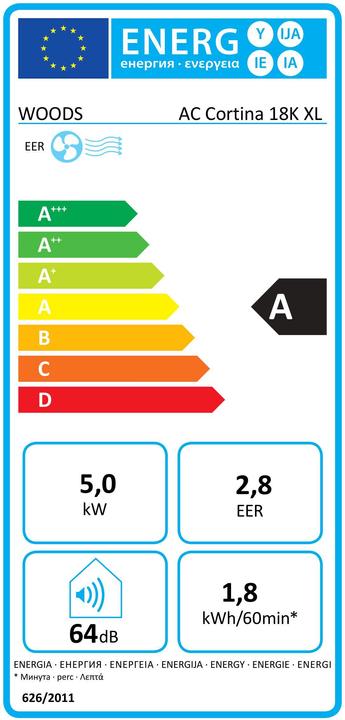 Energie-Label Wood's AC Cortina XL 18K (70 m², 18000 BTU/h)