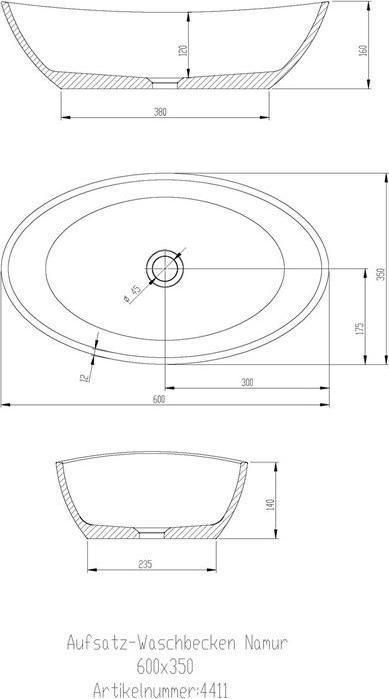 Produktbild Hoesch Aufsatz-Waschbecken NAMUR 600x350x120mm we (350 mm, 600 mm)