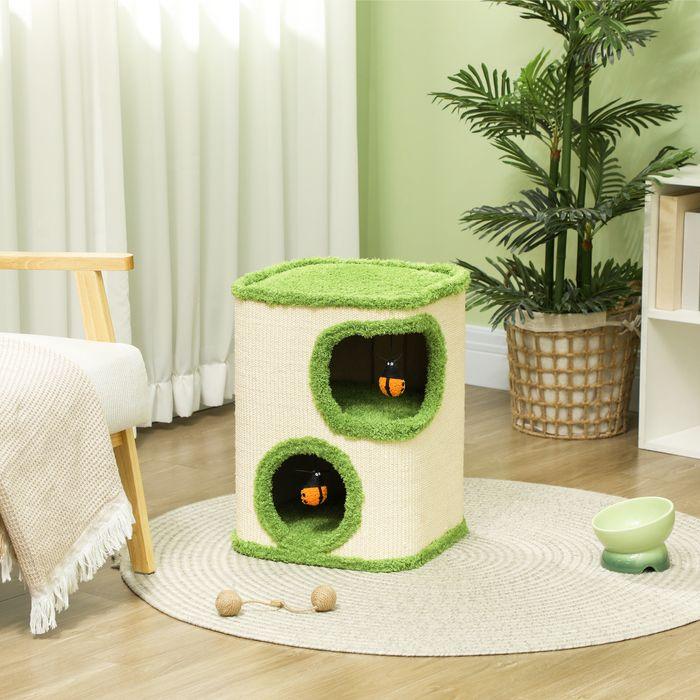 Produktbild Swisshandel24 Kratztonne, 52 cm hoch Katzentonne mit 2 Höhle, Kratzbaum für Katze bis 5 kg (52 cm, Grün+Cremeweiss)
