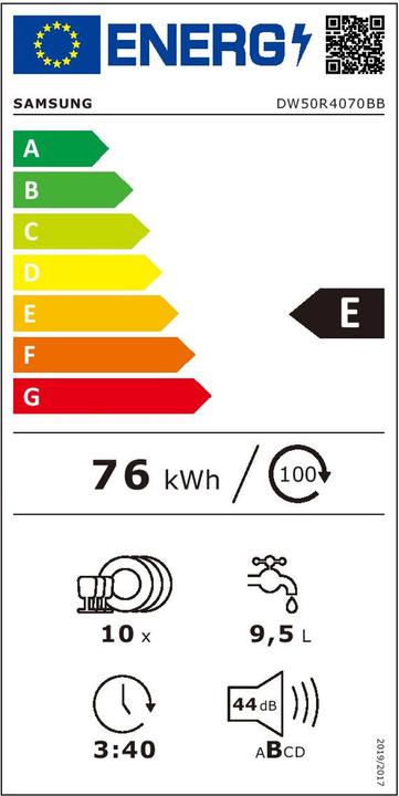 Etichetta energetica Samsung Lavastoviglie da incasso completamente integrata, 45 cm, 10 coperti, DW50R4070BB/EO