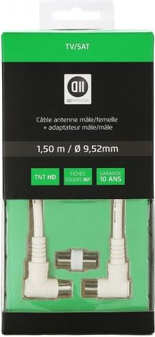 D2 Diffusion C ble Coaxial m le/femelle Fiches coudé à 90 des 2 c tés 1.50 m Blanc 9.52 mm (Antenna cable)