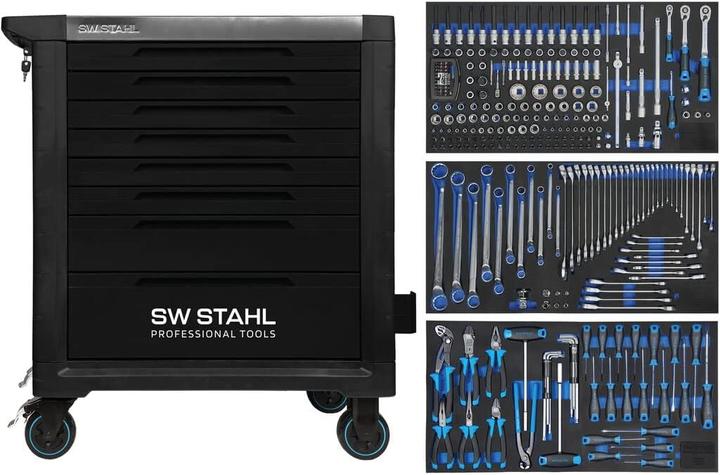 SW-Stahl Z3209 Professional workshop trolley TT802 black I 8 drawers I 3 drawers filled I 304 parts (304 x)