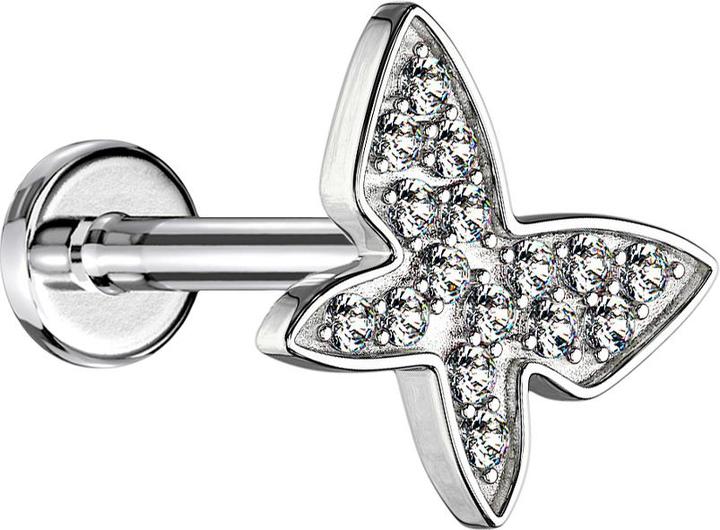 Star Piercing Micro Labret Innengewinde silber Schmetterling mit Kristallen (Messing, Chirurgenstahl 316L)