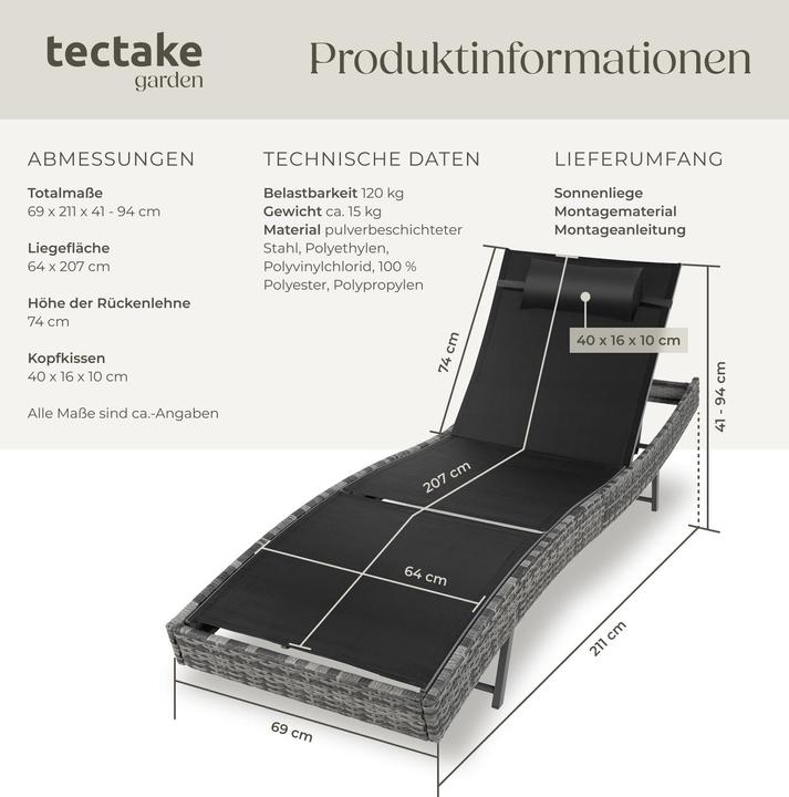 Produktbild tectake Rattan Sonnenliege Moana (211 cm)