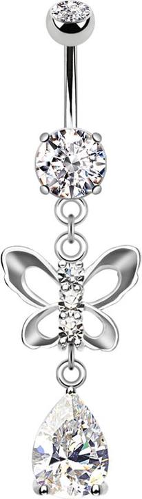 Star Piercing Banane silber mit zwei Kugeln Kristall silber Anhänger Schmetterling und Kristalltropfen (Messing, Chirurgenstahl 316L)