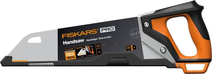 Image du produit Fiskars Scie à main pro pour bois, stratifié et PVC, longueur de lame : 38 cm, 9 TPI, Noir/Orange, PowerT