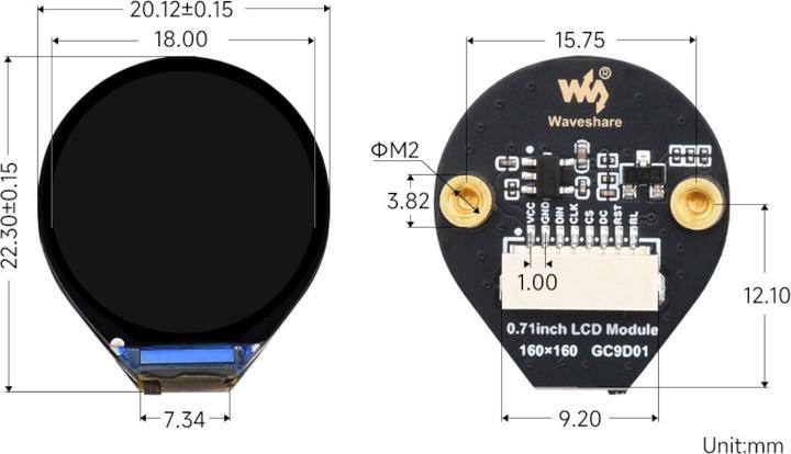 Produktbild WaveShare 0.71inch LCD Display Rund 160x160