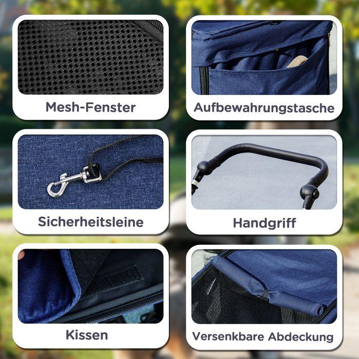 Produktbild Swisshandel24 Hundewagen Hundebuggy klappbar für Hunde & Katzen bis 10 kg Katzenbuggy, dunkelblau (Hund, Katze, Atmungsaktiv, Waschbar, Faltbar)