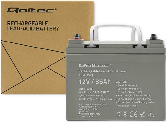 Produktbild Qoltec Akumulator AGM | 12V | 36Ah | max.540A (12 V, 36 Ah)
