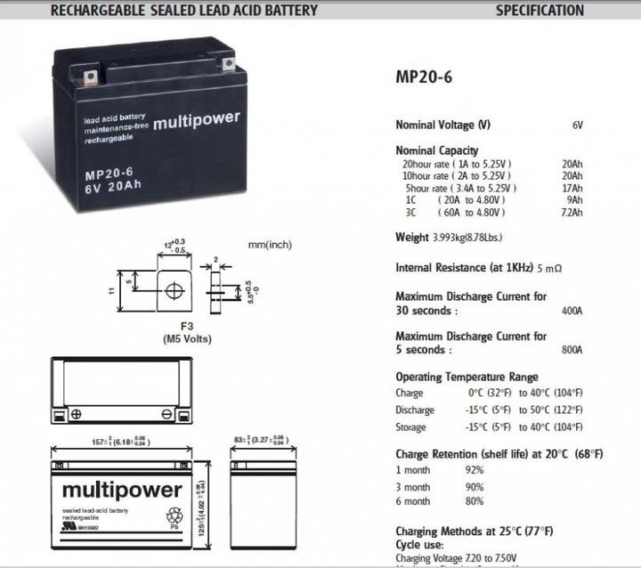 Produktbild Multipower MP20-6 Akku PB Blei, 6 Volt mit 20Ah, 2000mAh (6V)