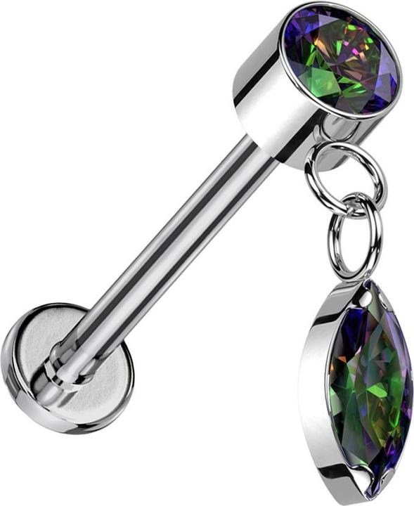 Hollywood Body Jewelry Micro Threadless Labret silber Zylinder silber Kristall dunkel multicolor Anhänger Ovaler Kristall d (ohne Messing, Titan G23)