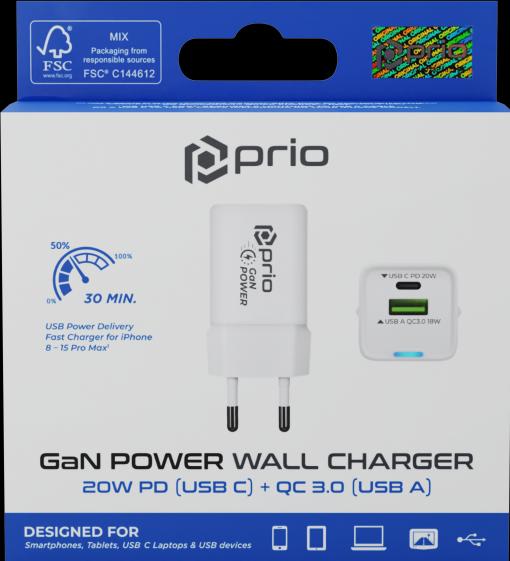 Energie-Label prio Ladegerät GaN Power 20W PD (USB C) + QC 3.0 (USB A) weiss (20 W)