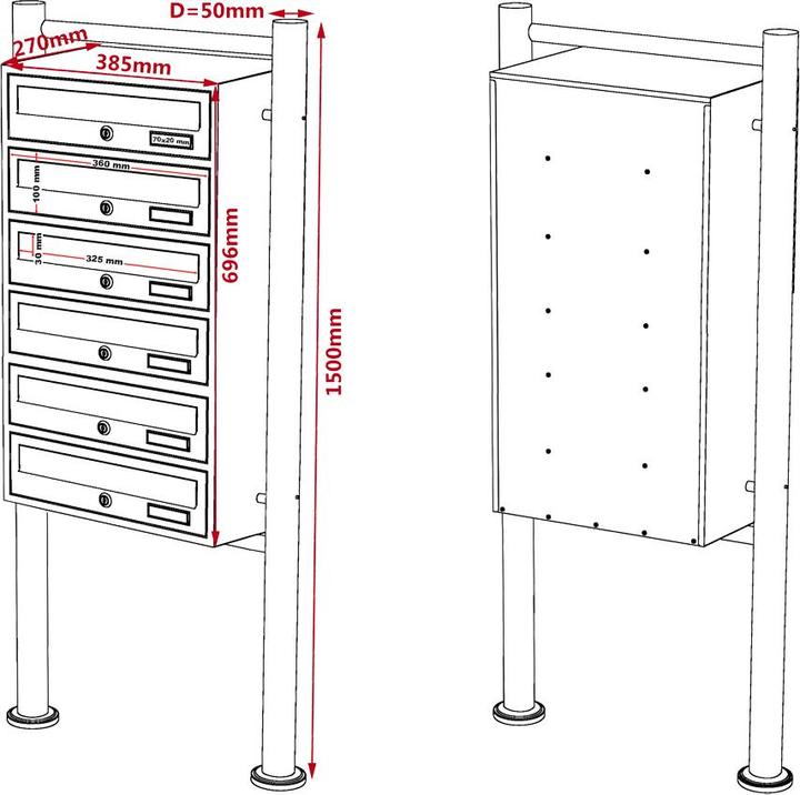 Produktbild Wiltec 6er Briefkastenanlage schwarz 270x513x1500mm Standbriefkasten Briefkasten