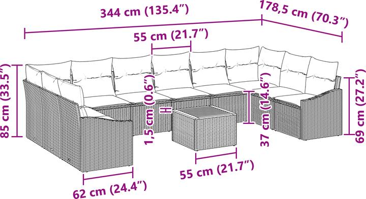 Produktbild VidaXL 11-tlg. Garten-Sofagarnitur mit Kissen Beige Poly Rattan