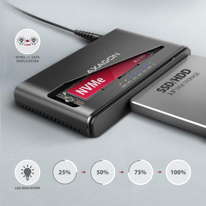 Actual product image Axagon ADSA-CC USB-C - NVMe M.2 SSD & SATA 2.5"/3.5" SSD/HDD CLONE MASTER (M.2 2280, M.2 2260)