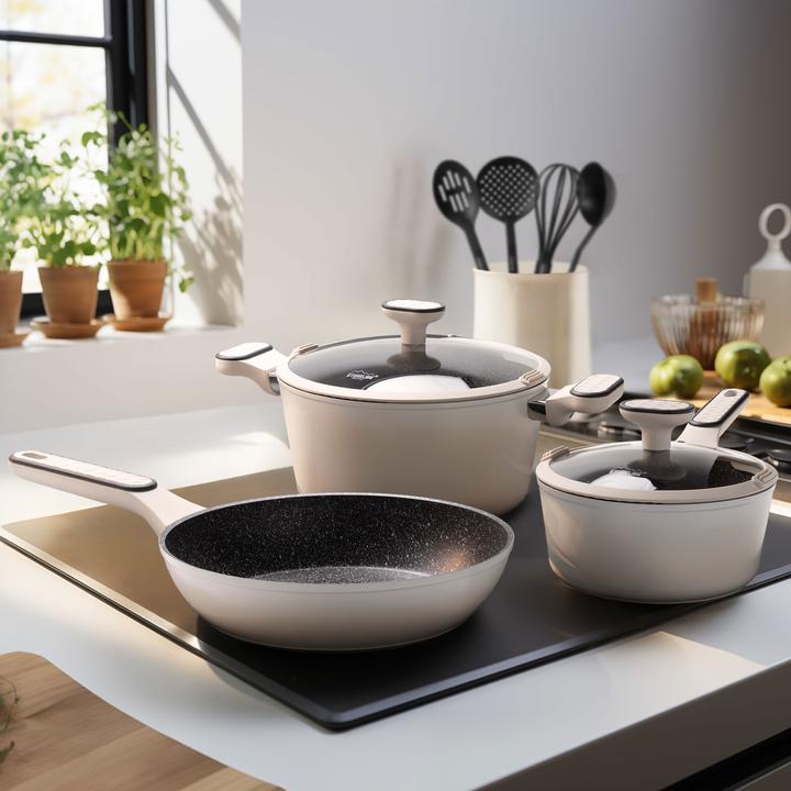 Produktbild Stoneline ® Creme Kochgeschirr-Set 11-teilig mit Deckeln, beschichtete Töpfe & Pfannen (Pfannenset + Topfset, Keramik)