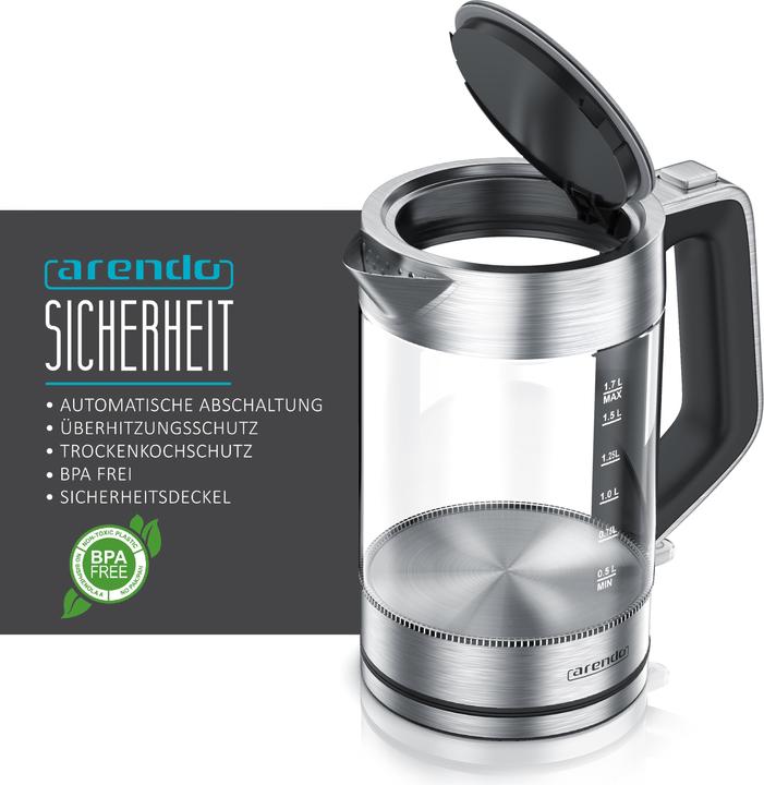 Produktbild Arendo Wasserkocher 1,7 l, 2200 W, Edelstahl & Glas, Cool-Touch-Griff, Überhitzungs- & Trockengehschutz (1.70 l)