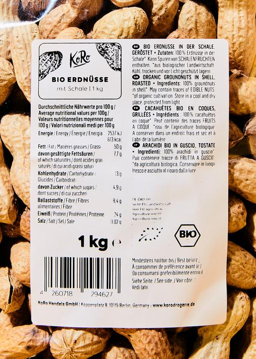 Nährwerte und Zutaten KoRo Bio Erdnüsse in der Schale, geröstet (1000 g)