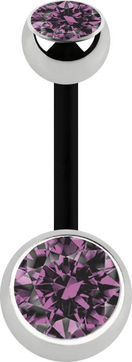 Star Piercing Banane schwarz mit zwei Kugeln silber Kristall hellviolett (ohne Messing, Chirurgenstahl 316L, Bioflex)