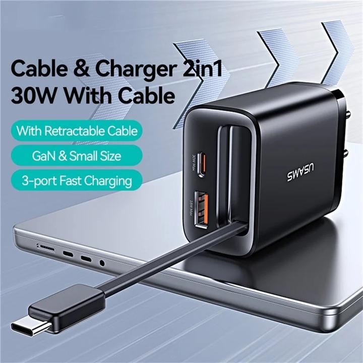 Immagine prodotto Usams CC296 30W Fast Charger With Retractable Type-C Cable (EU) - Xiang Series White (30 W)