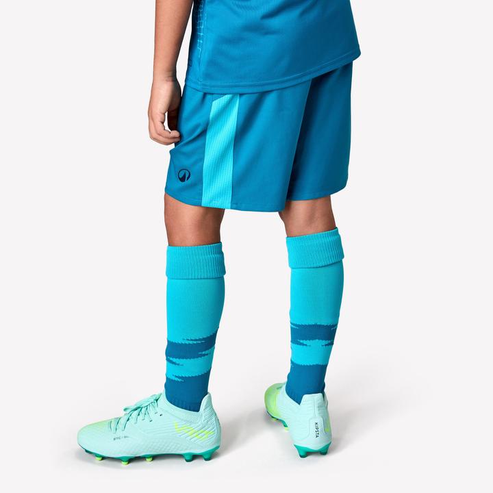 Actual product image Kipsta Kinder Fussball Shorts - VIRALTO Kids türkis mit grünem Streifen (122)