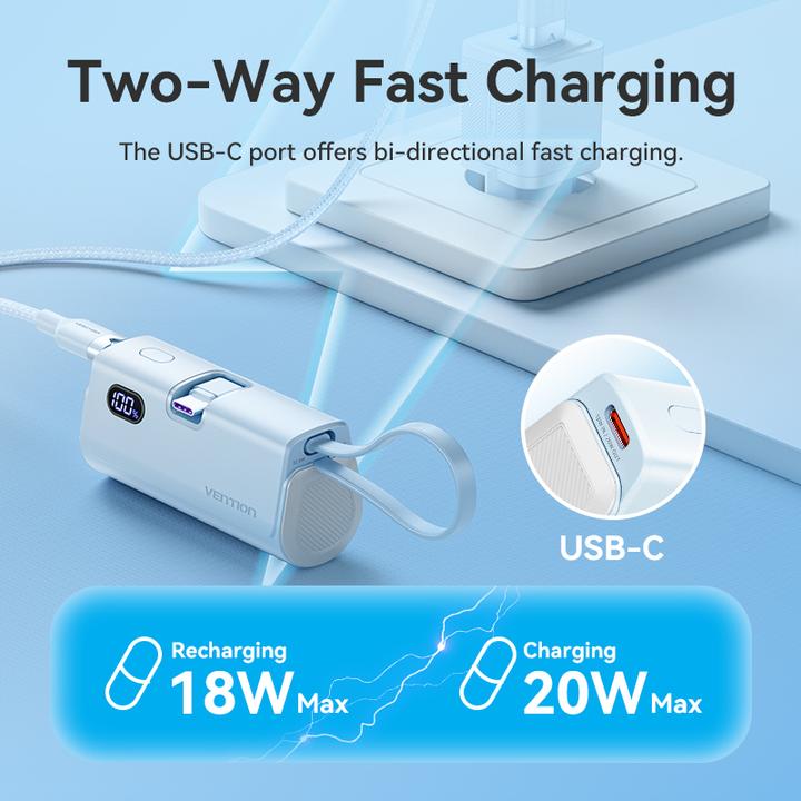 Actual product image Vention LED Display 4800mAh Power Bank (USB-C + Lightning + USB-C) 22.5W White Foldable USB-C Type (4800 mAh, 18 W, 17760 Wh)