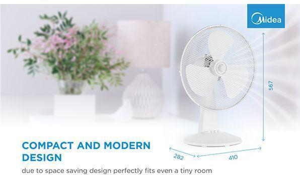 Actual product image Midea Table fan,,, 3 speeds, mechanical, noise level:, Oscillation 80°, Tilting +24° -12° (60 dB)