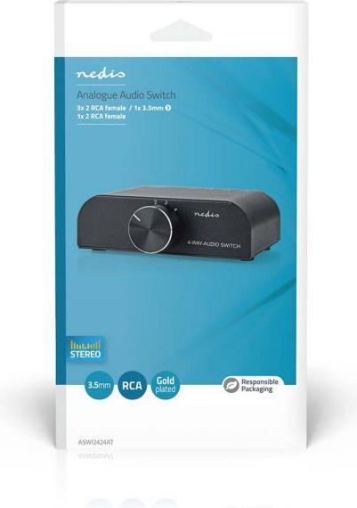 Image du produit Nedis Commutateur audio analogique | 4 port(s) | Connexions - Entrée : 1x entrée audio 3,5 mm / 3x (2 (Analogique -> Numérique)