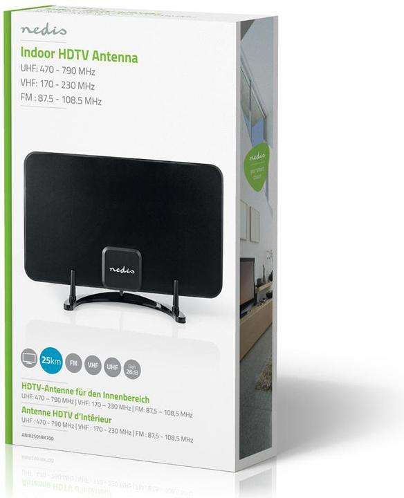 Produktbild Nedis Innenantenne | Aktiv | FM / UHF / VHF | Empfangsbereich: 0-25 km | LTE700 | Verstärkung dBi (b (Zimmerantenne, 26 dB, LTE, DVB-T / -T2)