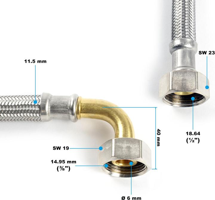 Immagine prodotto XPOtool Tubo flessibile da 800 mm DN8 3/8" UN con gomito (14,95 mm) e 1/2" UN (18,64 mm) Tubo corazzato