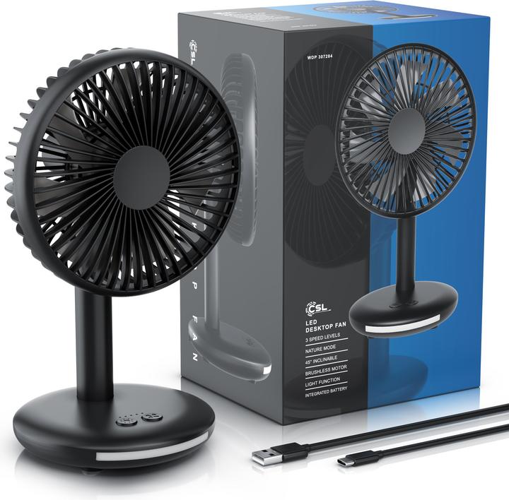 Immagine prodotto CSL Akku Tischventilator, USB Mini Desk Fan, Schreibtischventilator, sehr leise, neigbar, mobiler Lüfter (46.50 dB)