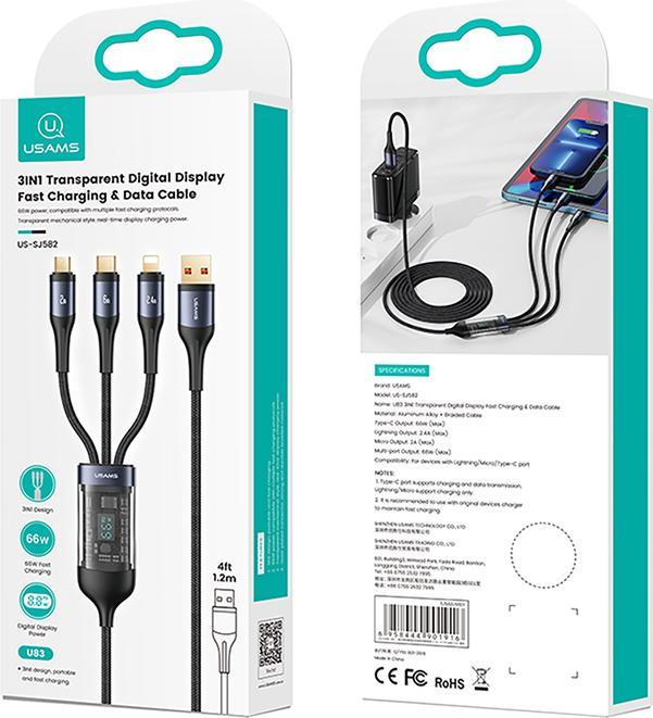 Actual product image Usams USB A - USB type C, Lightning, Micro USB B (1.20 m, USB 3.2 Gen 1, 66 W)