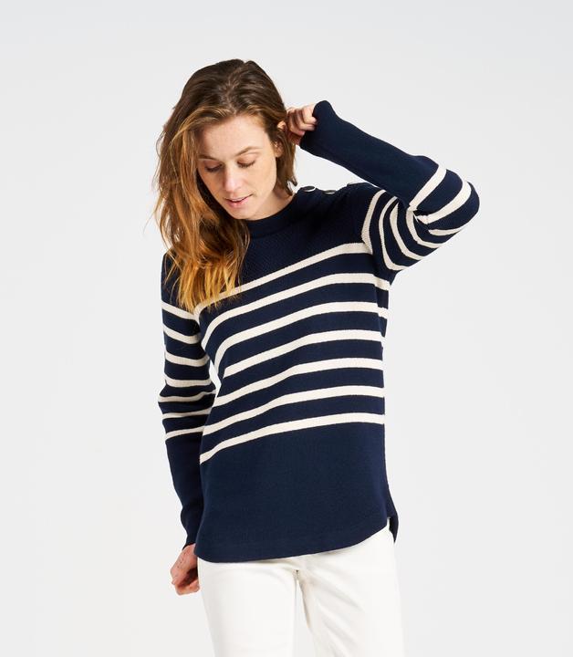 Actual product image Tribord Women's knitted sailing pullover, 100 navy blue with beige stripes (XS)