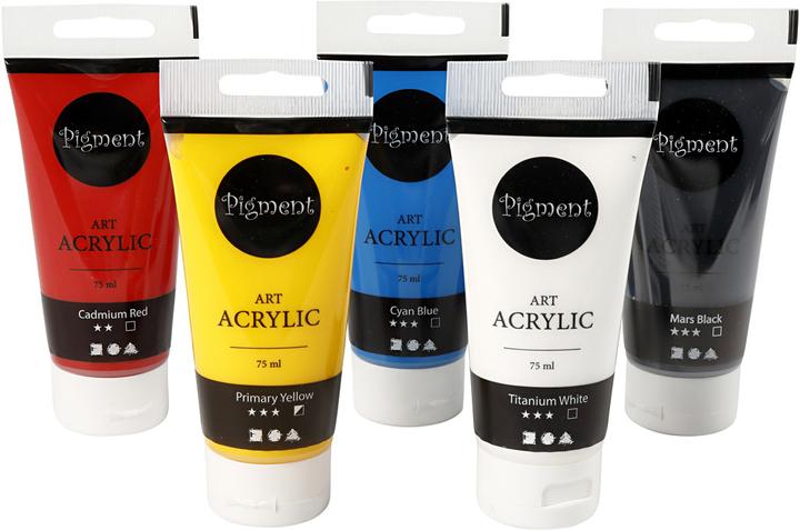 Produktbild Creativ Company Pigment Art Acrylverf Primaire Kleuren, 5x75ml (Cyan-Blau, Mars-Schwarz, Primärgelb, Titanum-Weiss, Cadmium-Rot, 75 ml)